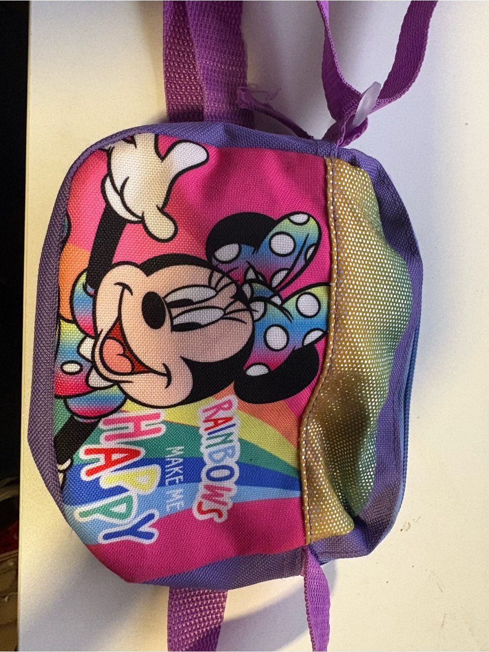 Disney Minnie Mouse Purple Pink Rainbow Crossbody Bag with Gold Accent